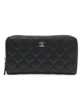 Chanel Quilted CC Logo Long Zip Wallet Zip Around Caviar Leather Black Silver